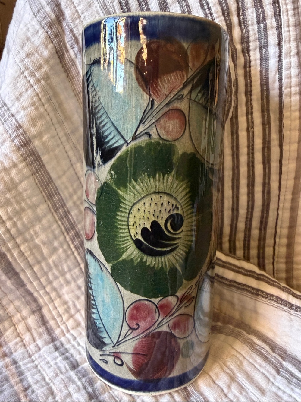 Vintage Mexican Tonala Vases Cylinder Hand Painted Stoneware Pottery